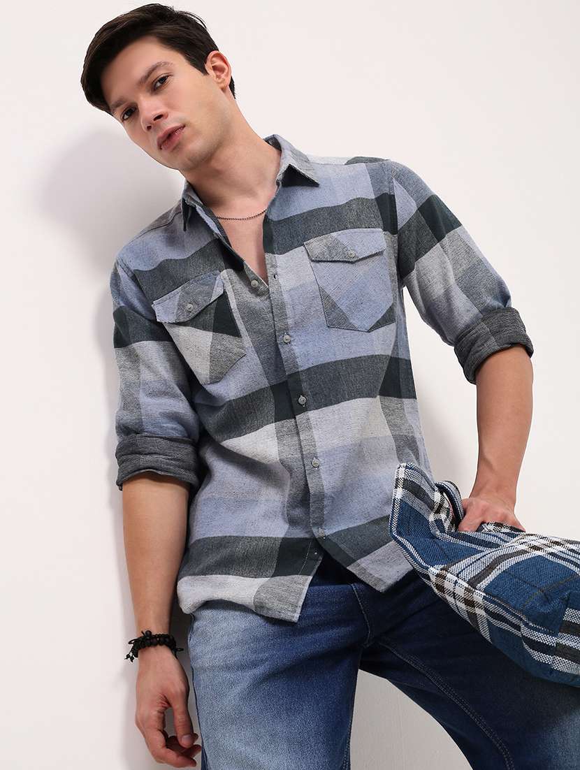 men checkered long sleeves double pockets casual shirt - 21696360 -  Standard Image - 1