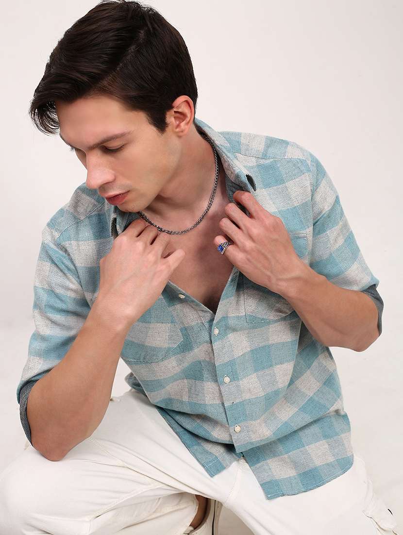 men checkered long sleeves double pockets casual shirt - 21696361 -  Standard Image - 1