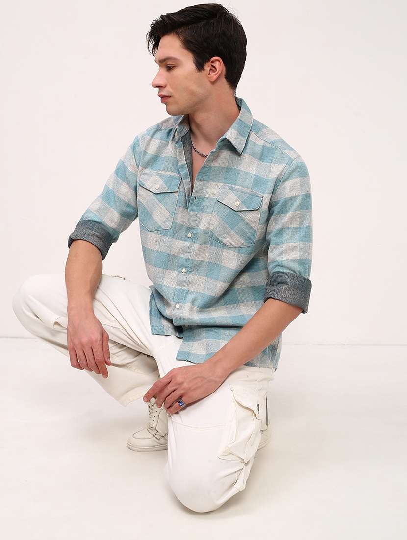 men checkered long sleeves double pockets casual shirt - 21696361 -  Standard Image - 4