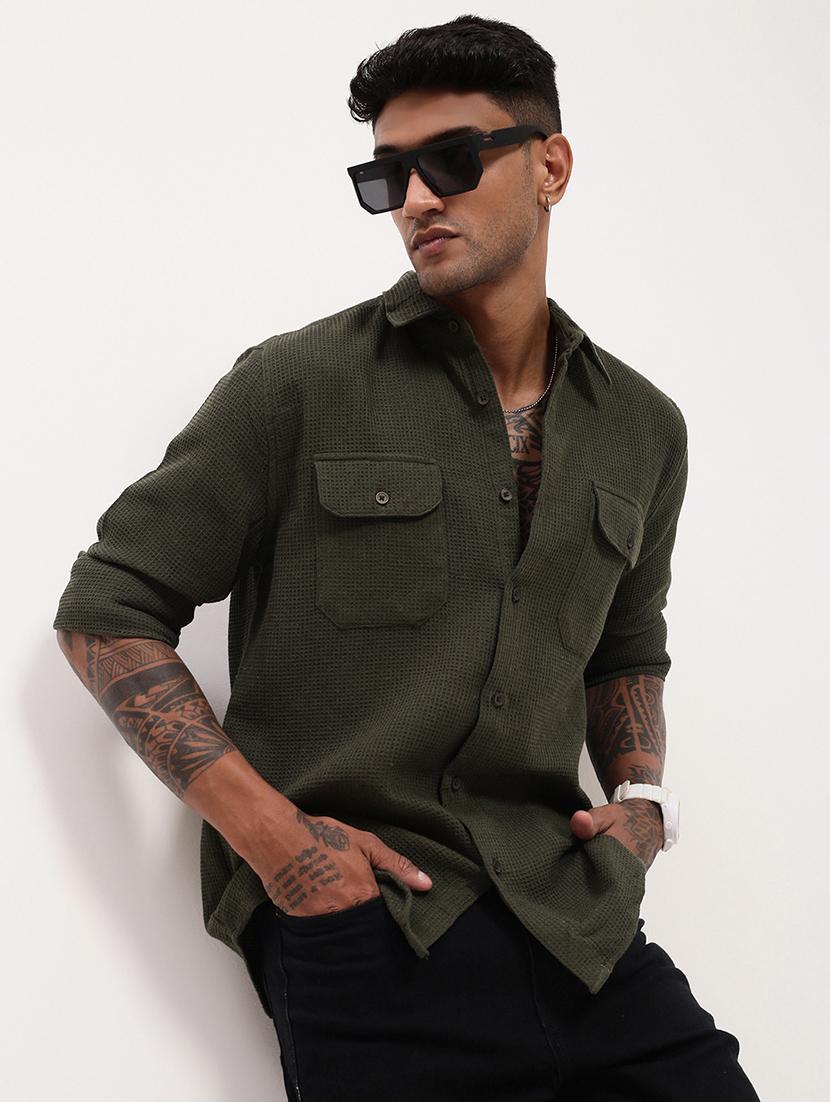 men textured long sleeves double pockets casual shirt - 21696374 - Standard Image - 1