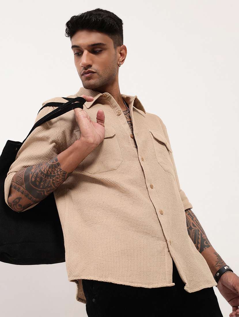 men textured long sleeves double pockets casual shirt - 21696375 -  Standard Image - 1