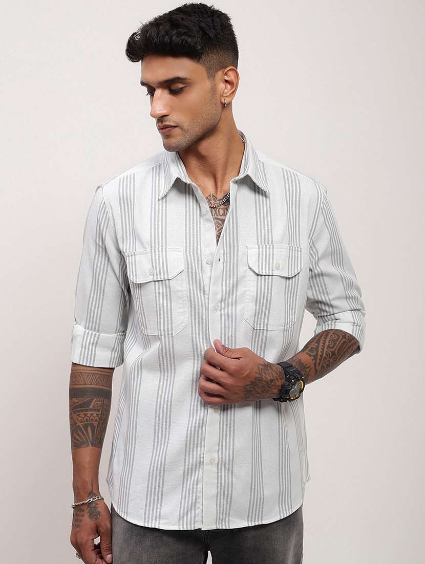 men striped long sleeves double pockets casual shirt