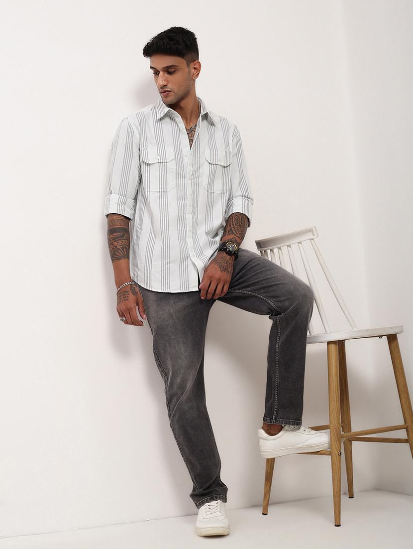 men striped long sleeves double pockets casual shirt - 21696378 - Standard Image - 4