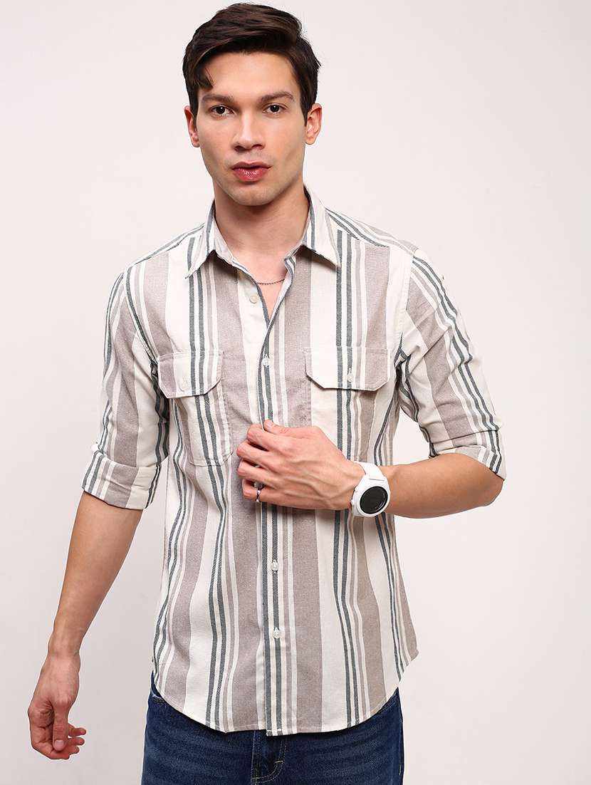men striped long sleeves double pockets casual shirt