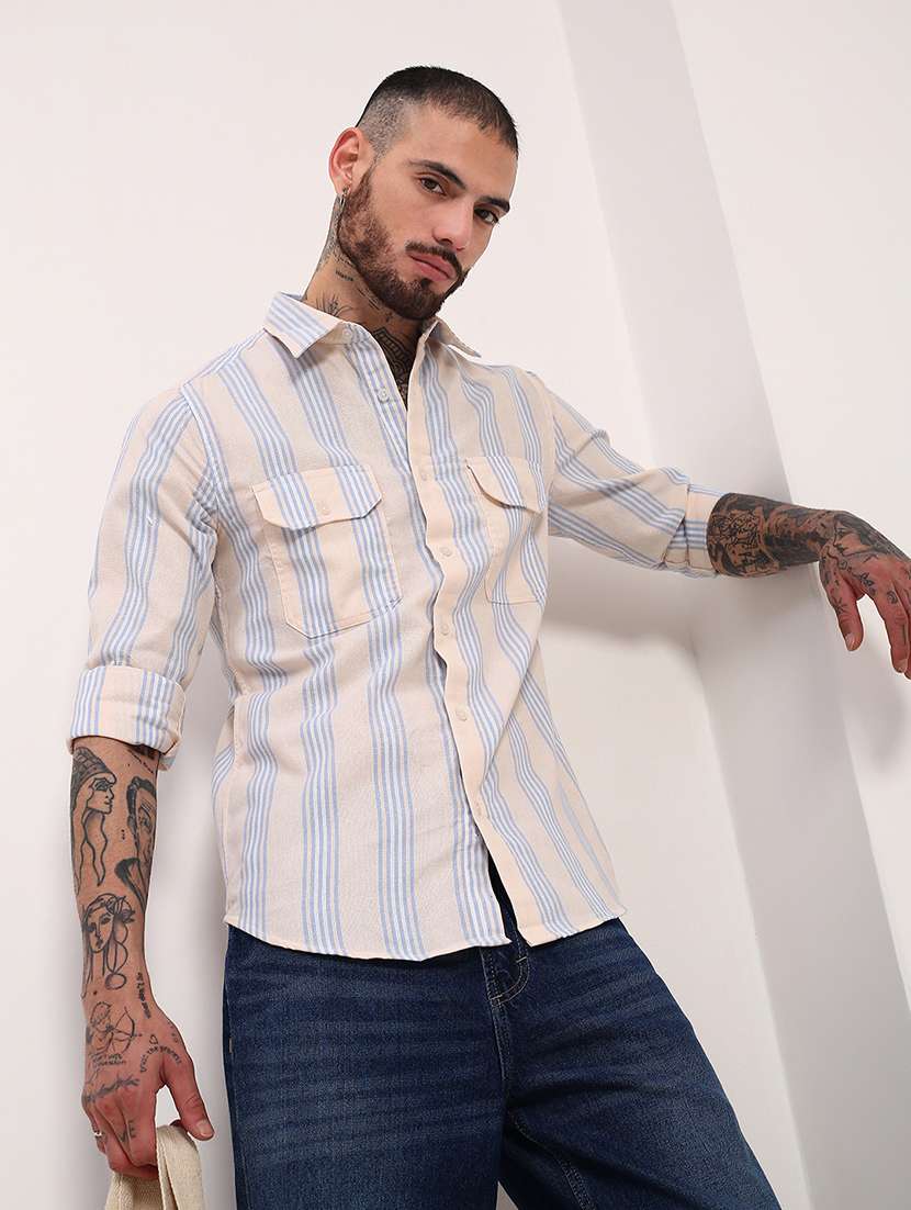 men striped long sleeves double pockets casual shirt - 21696380 -  Standard Image - 1