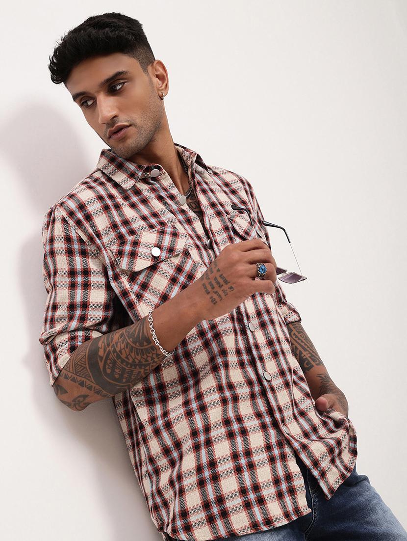 men checkered long sleeve double pockets casual shirt - 21696390 - Standard Image - 1