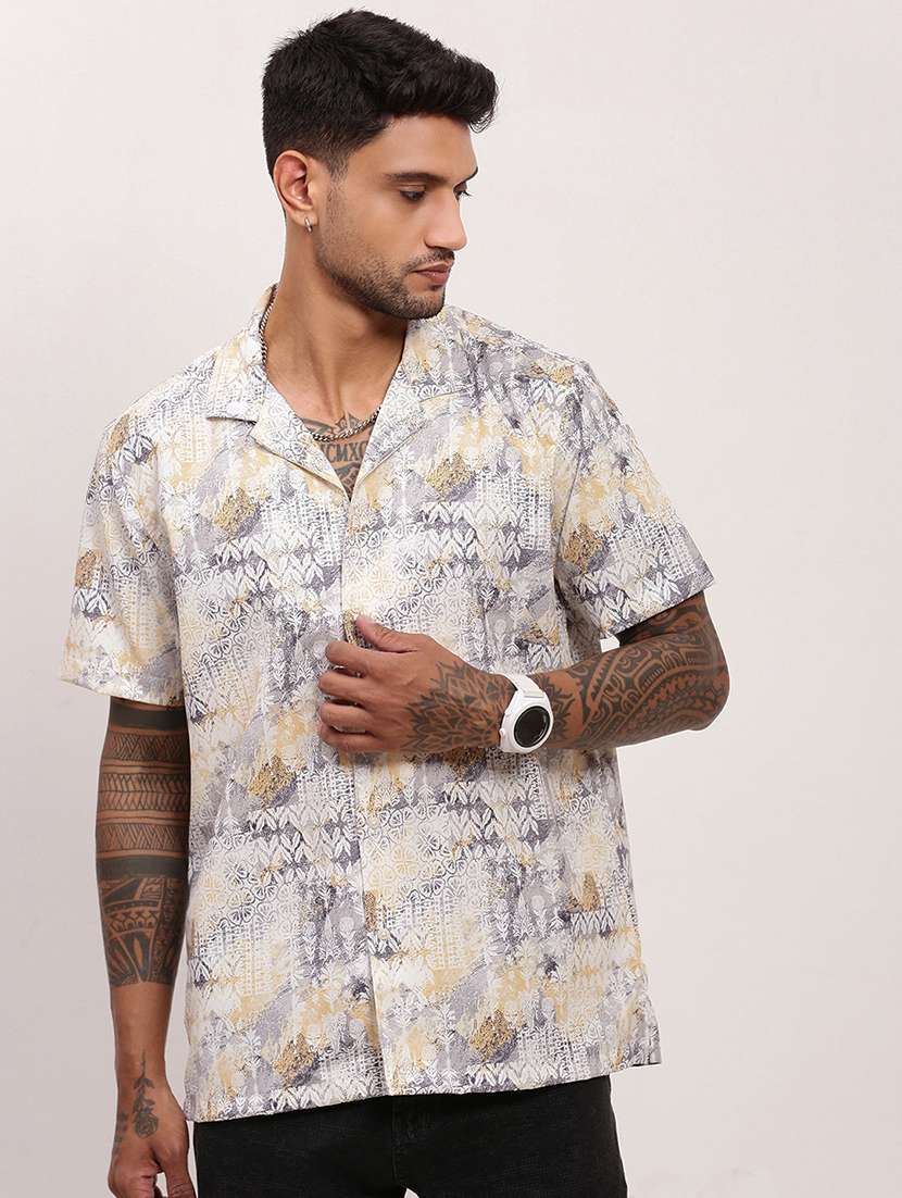 men geometric printed short sleeves casual shirt