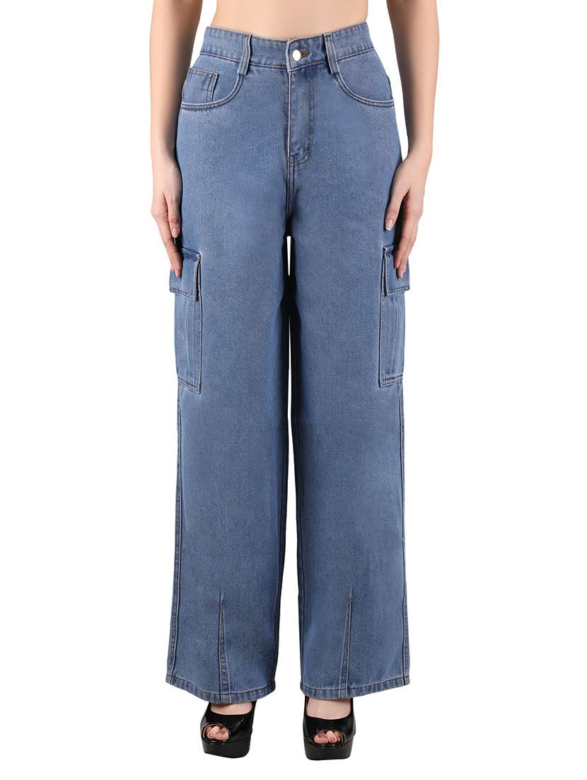 women solid high rise wide leg cargo