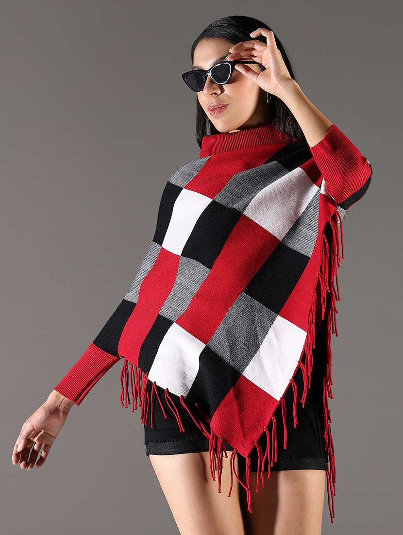 women checks turtle neck ponchos - 21696472 -  Standard Image - 1