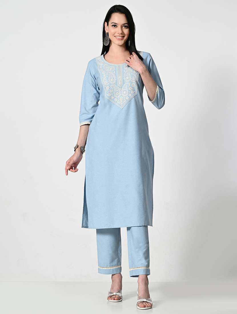 women embroidered round neck kurta pant set
