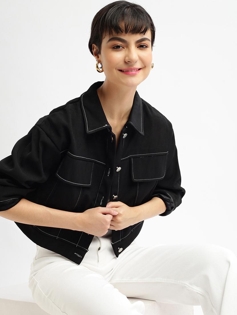 women black solid long sleeve summer jacket - 21696499 - Standard Image - 1