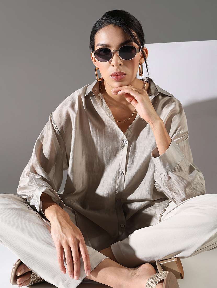 women grey solid long sleeve regular shirt - 21696521 -  Standard Image - 1