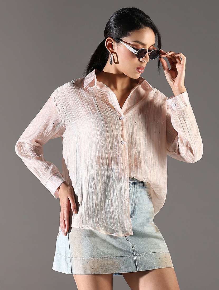 women peach stripes long sleeve regular shirt - 21696523 -  Standard Image - 1