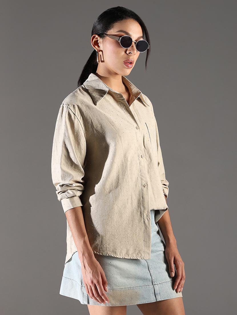 women beige long sleeve regular shirt - 21696524 -  Standard Image - 1