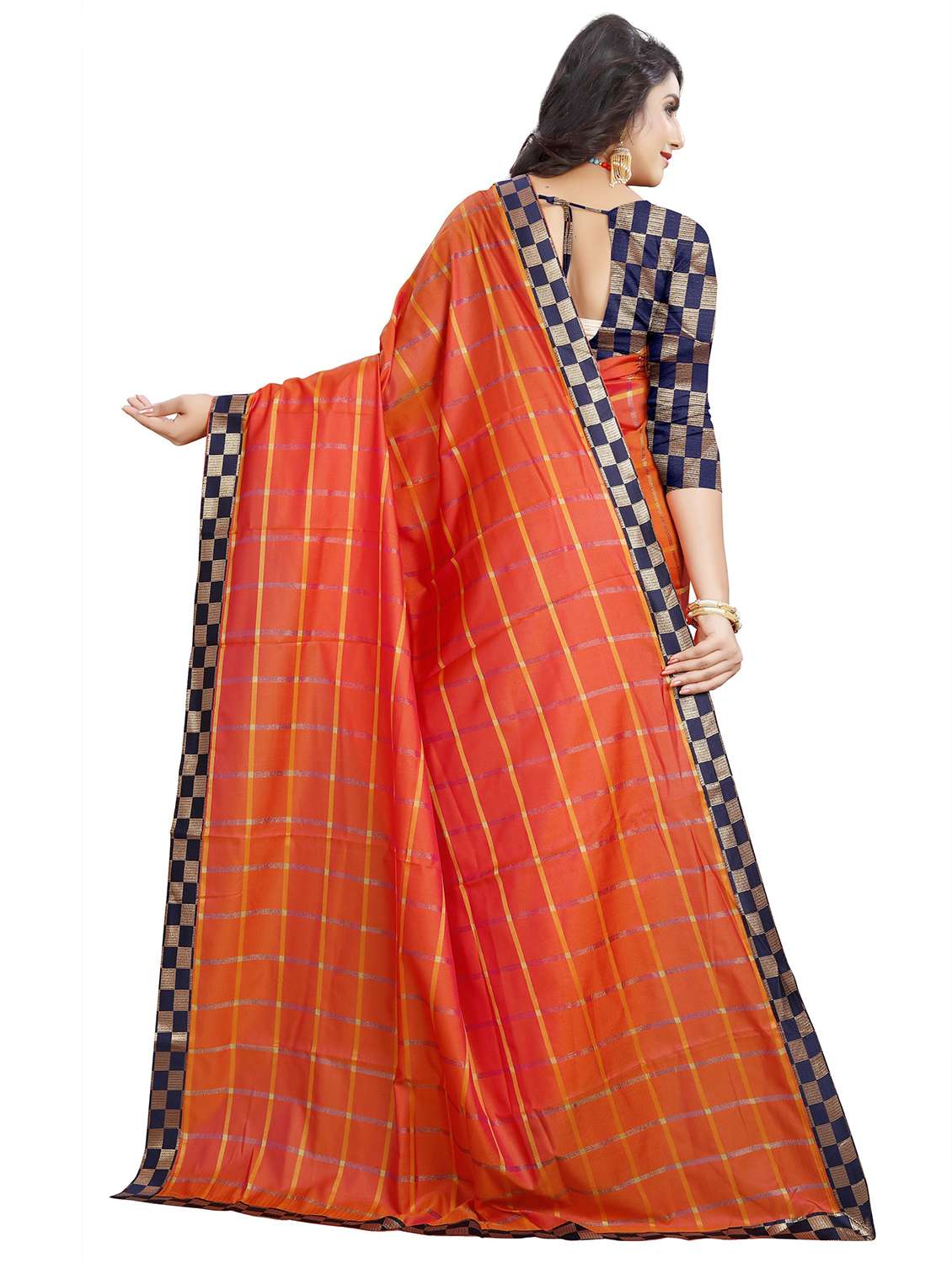 women checkered lace work saree - 21696794 - Standard Image - 1