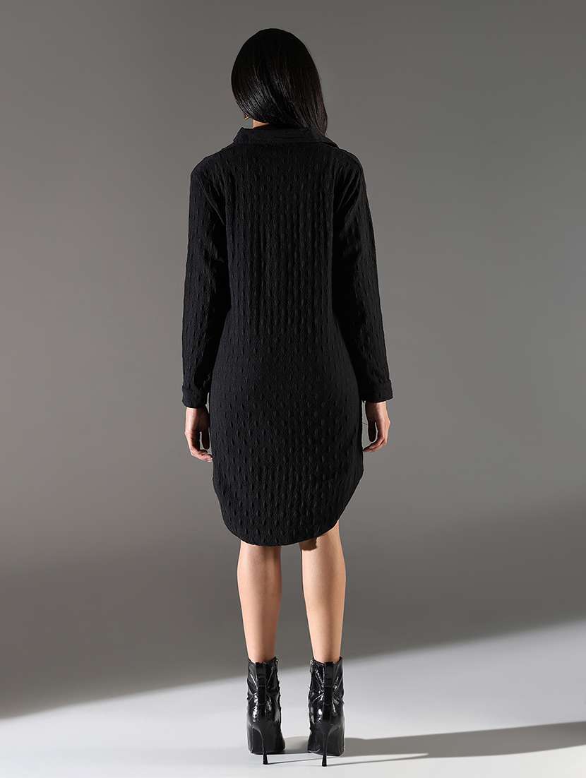 women black solid three quarter sleeve shirt dress - 21696941 -  Standard Image - 4