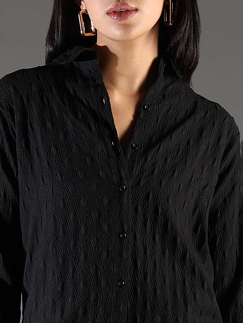 women black solid three quarter sleeve shirt dress - 21696941 -  Standard Image - 6