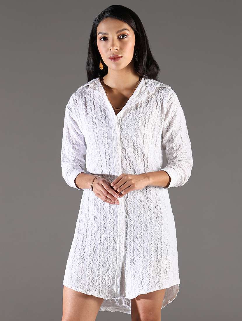 women white solid three quarter sleeve shirt dress