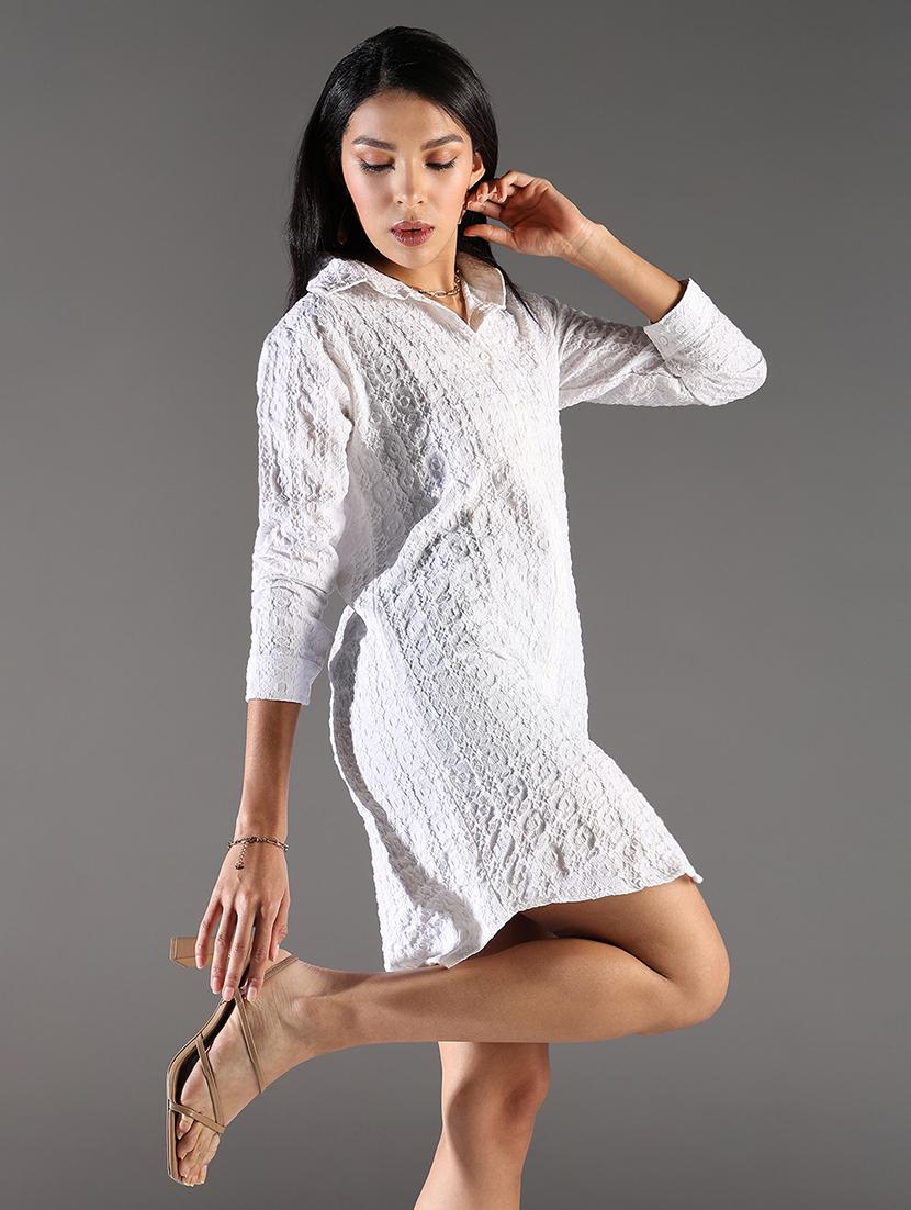 women white solid three quarter sleeve shirt dress - 21696942 - Standard Image - 1