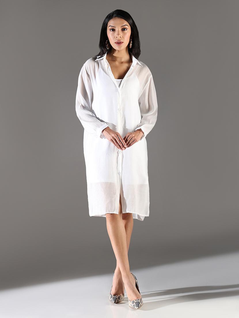 women white solid long sleeve shirt dress - 21696945 -  Zoom Image - 0