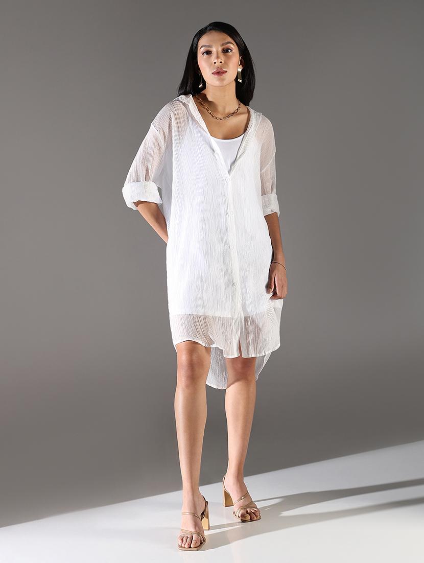 women white solid long sleeve shirt dress - 21696947 -  Zoom Image - 0