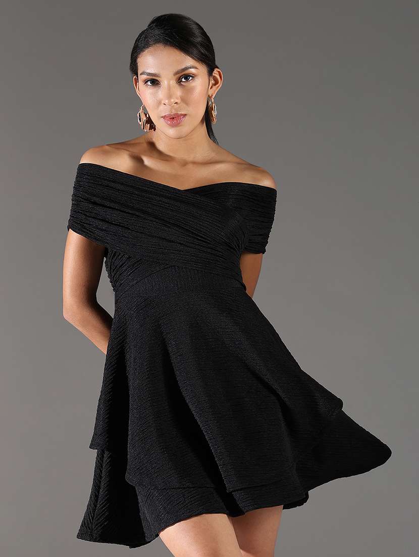 women solid off shoulder neck layered dress - 21696951 -  Standard Image - 1