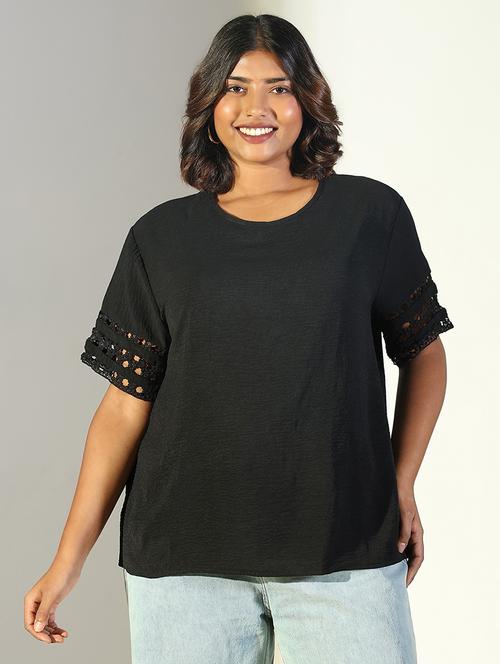 women black solid round neck short sleeve top - 21697008 - Standard Image - 0