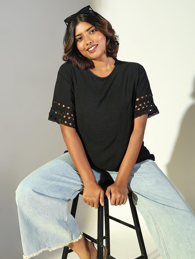 women black solid round neck short sleeve top - 21697008 - Standard Image - 1