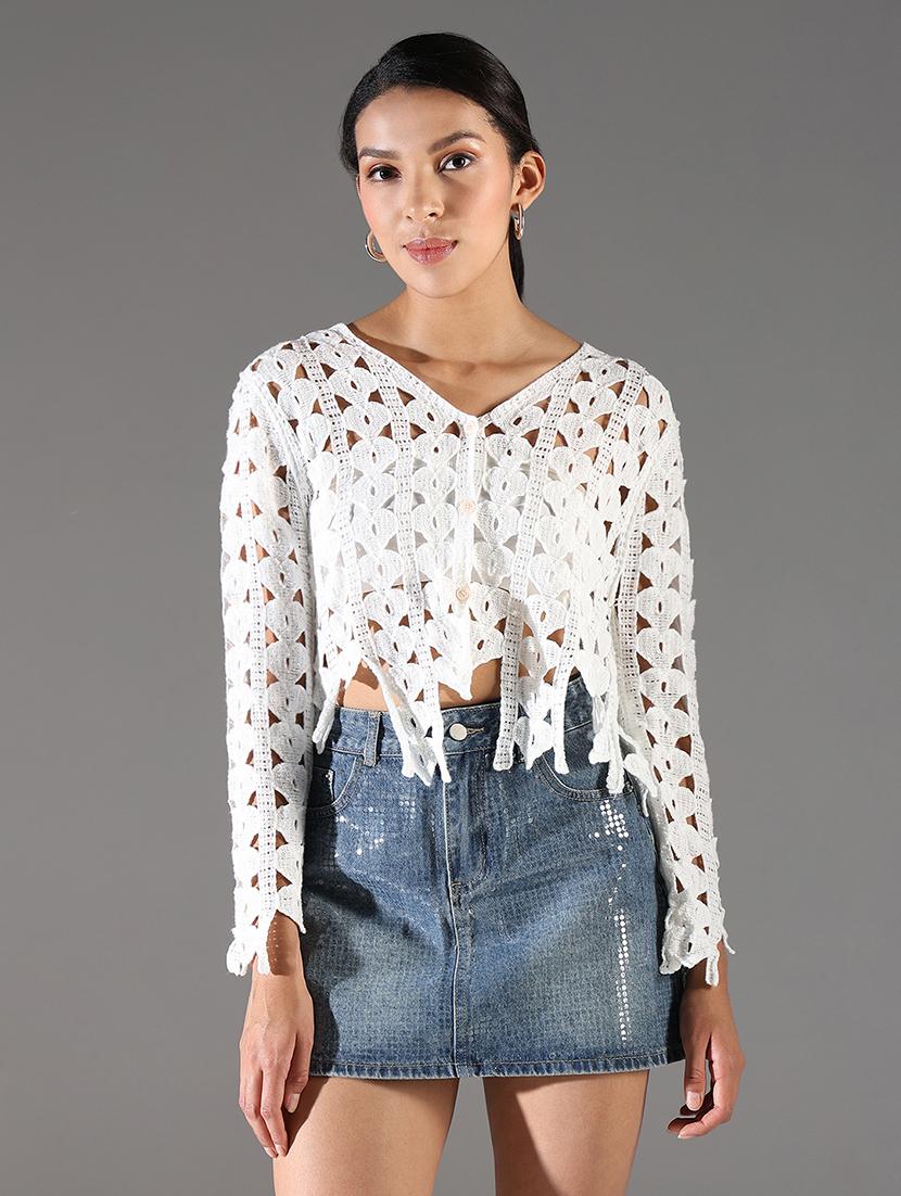 women solid long sleeve crochet crop top
