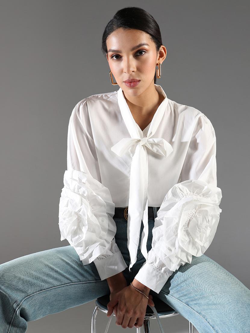 women white solid tie-up neck regular top - 21697012 - Standard Image - 1