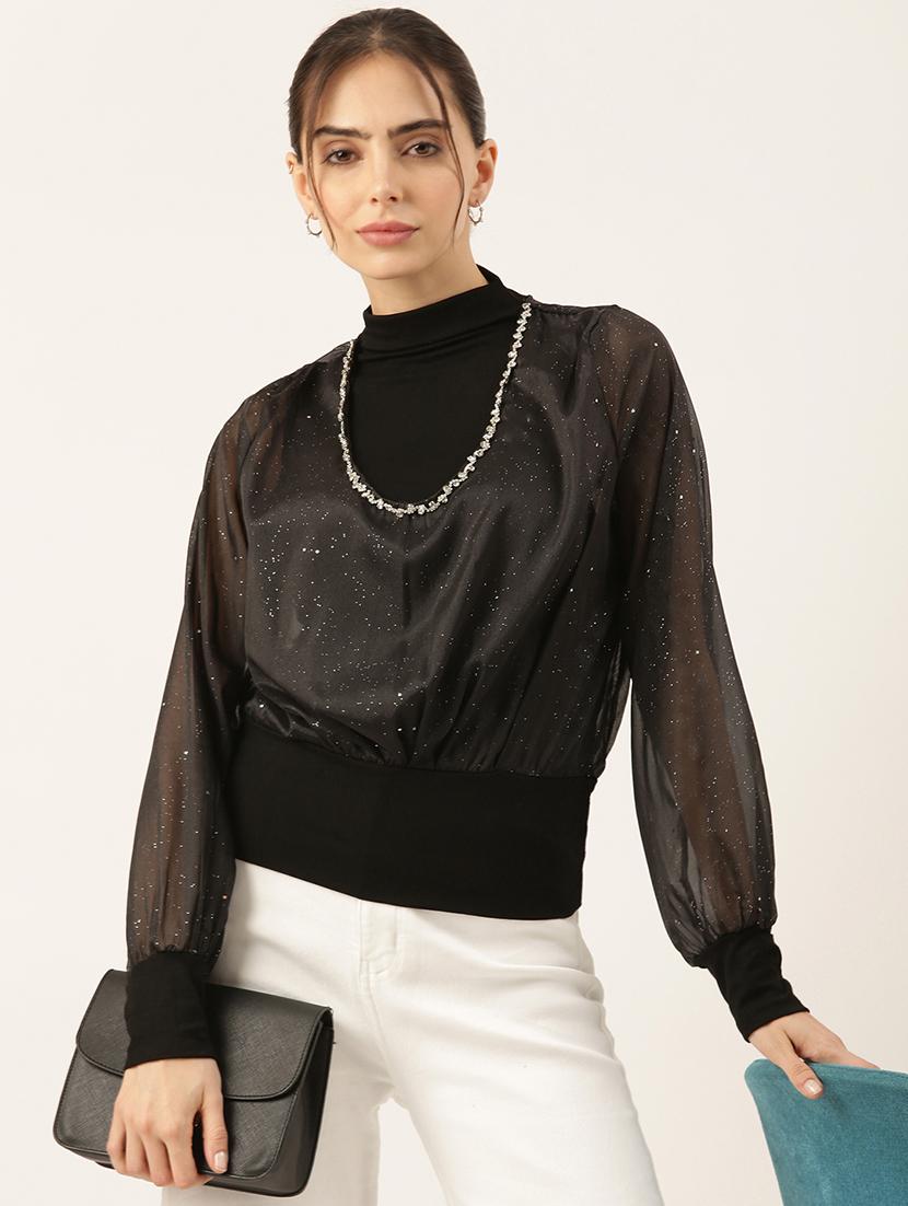women black embellished puff sleeve top - 21697032 -  Standard Image - 1
