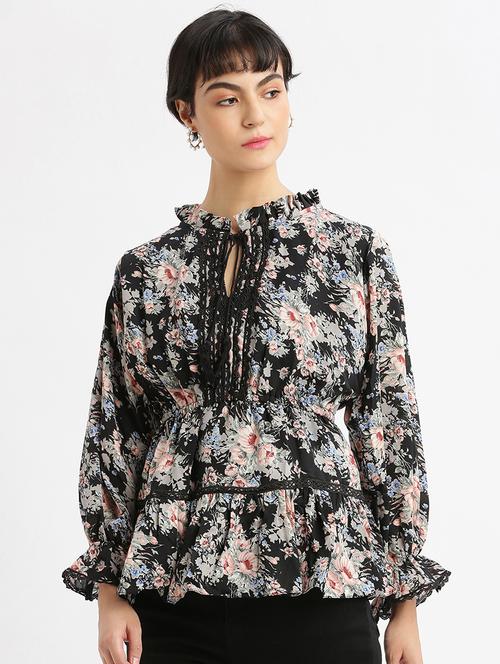 women floral printed tie-up neck peplum top - 21697033 - Standard Image - 0