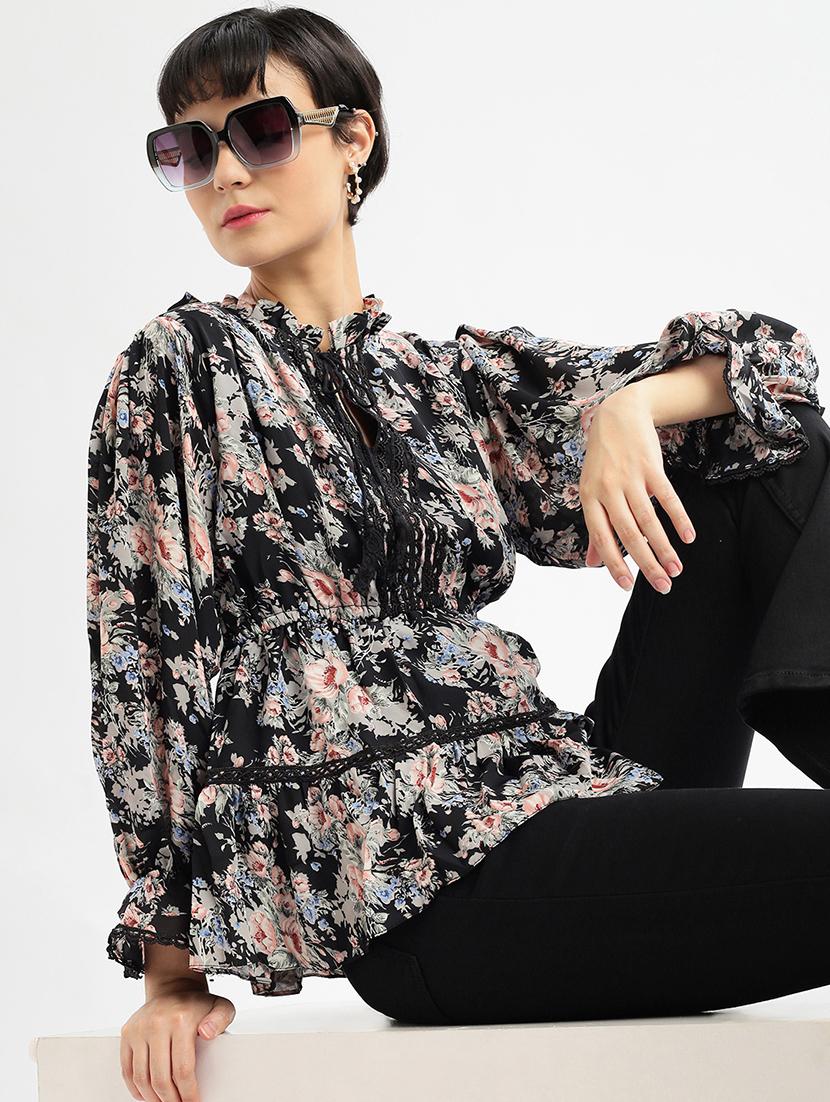 women floral printed tie-up neck peplum top - 21697033 - Standard Image - 1