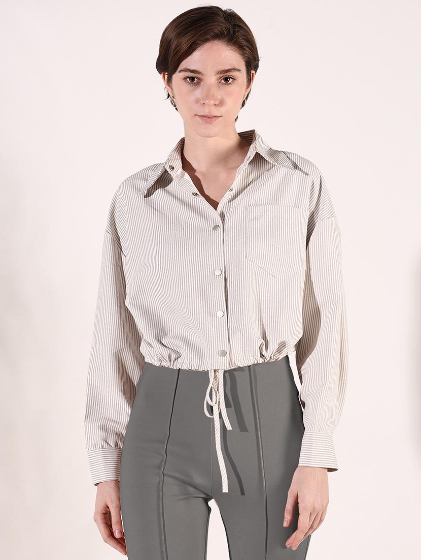 women beige stripes long sleeve shirt top - 21697034 - Zoom Image - 0