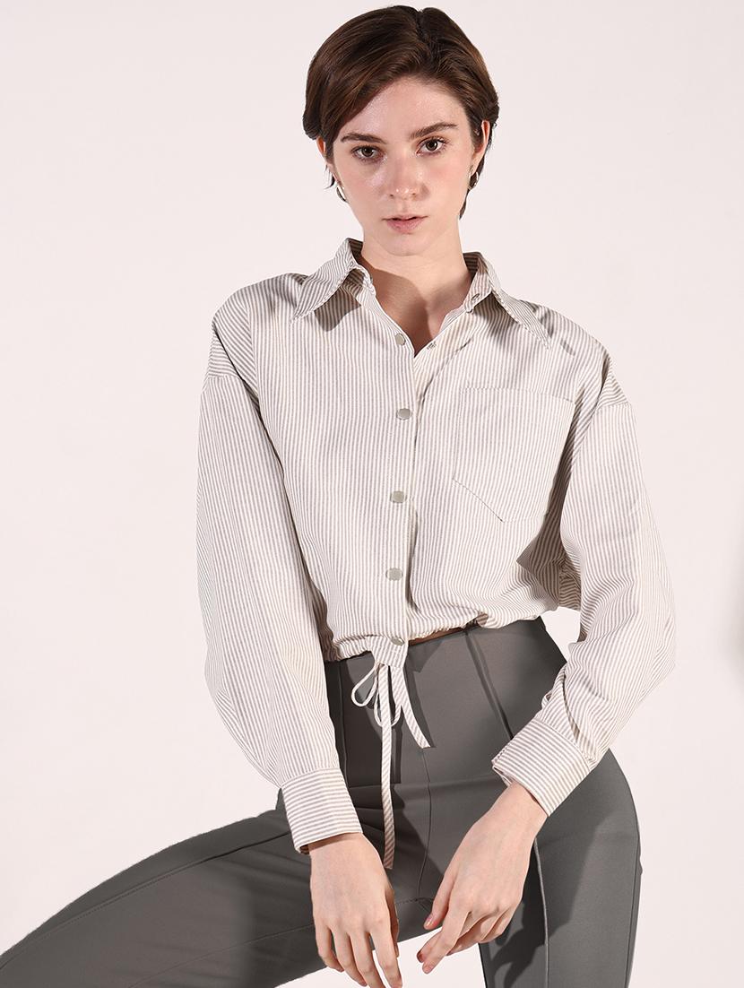 women beige stripes long sleeve shirt top - 21697034 - Standard Image - 1