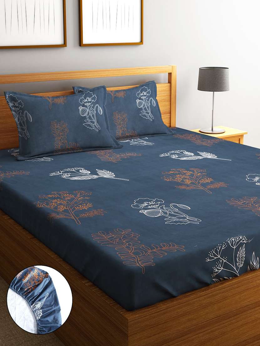 home sizzler 210tc midnight bloom elastic fitted double bedsheet (72x78 inch) with 2 king size pillow covers