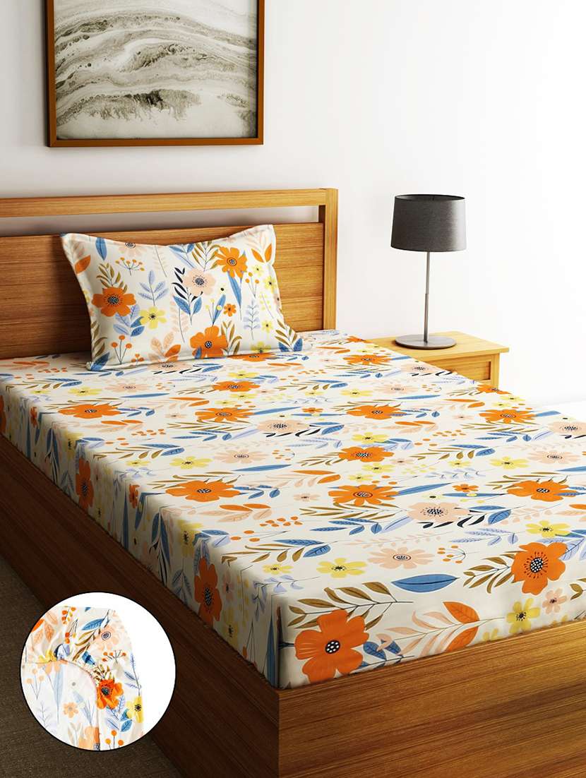 home sizzler 210tc garden grace elastic fitted single bedsheet (72x36 inch) with 1 pillow cover