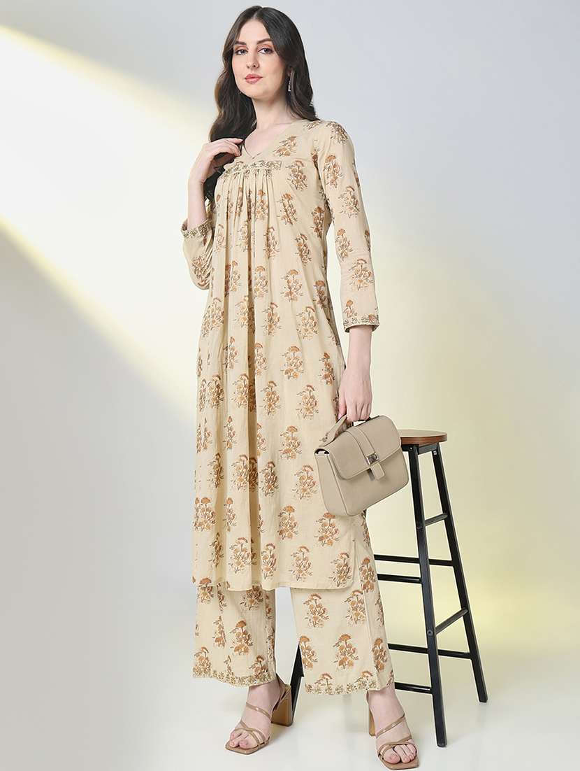 women beige floral printed kurta palazzo set - 21697067 -  Standard Image - 1