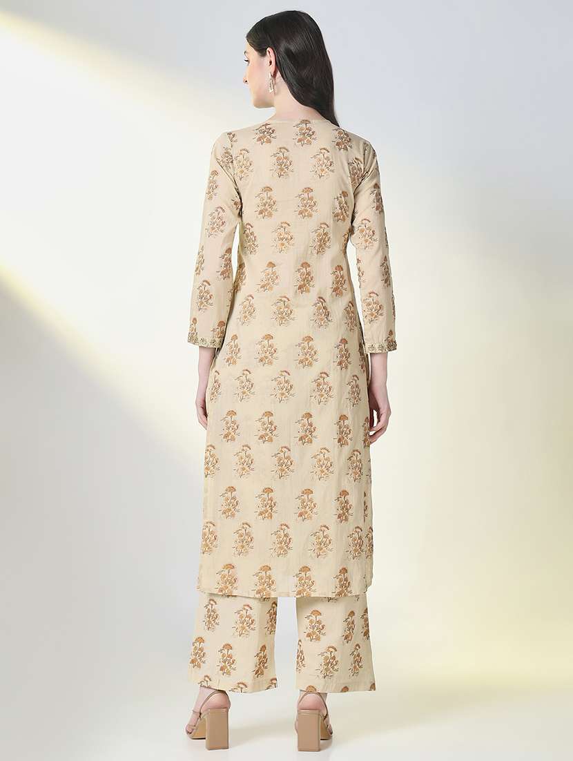 women beige floral printed kurta palazzo set - 21697067 -  Standard Image - 4