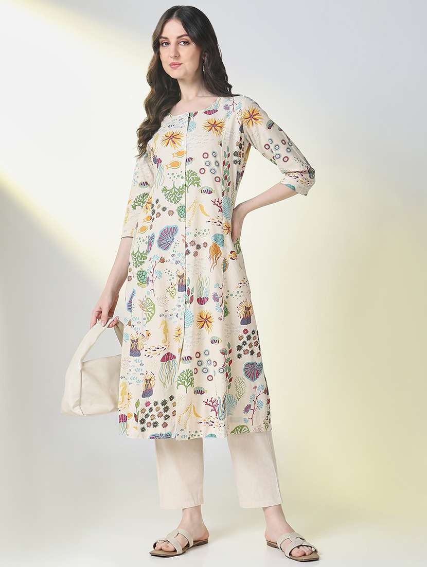 women printed three quarter sleeve kurta pant set - 21697084 -  Standard Image - 1