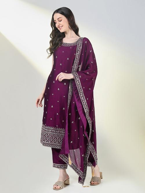 women purple sleeveless kurta pant with dupatta set - 21697089 - Standard Image - 0