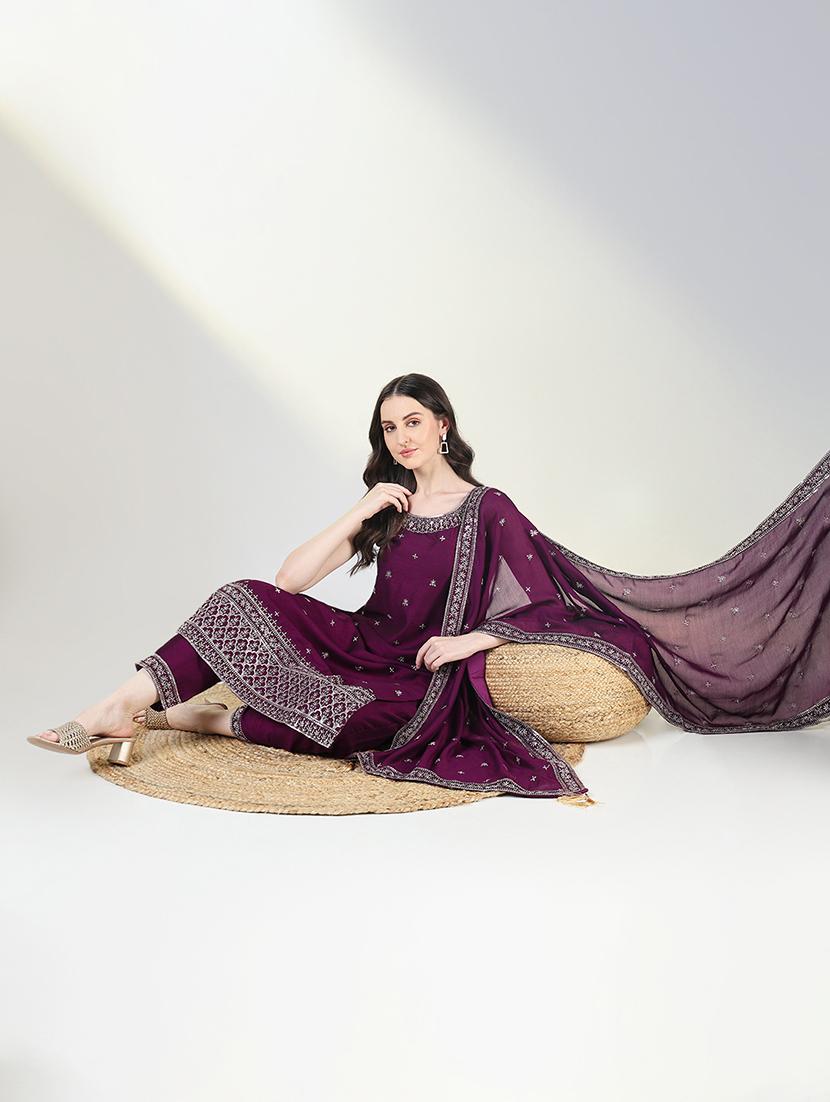 women purple sleeveless kurta pant with dupatta set - 21697089 - Standard Image - 1