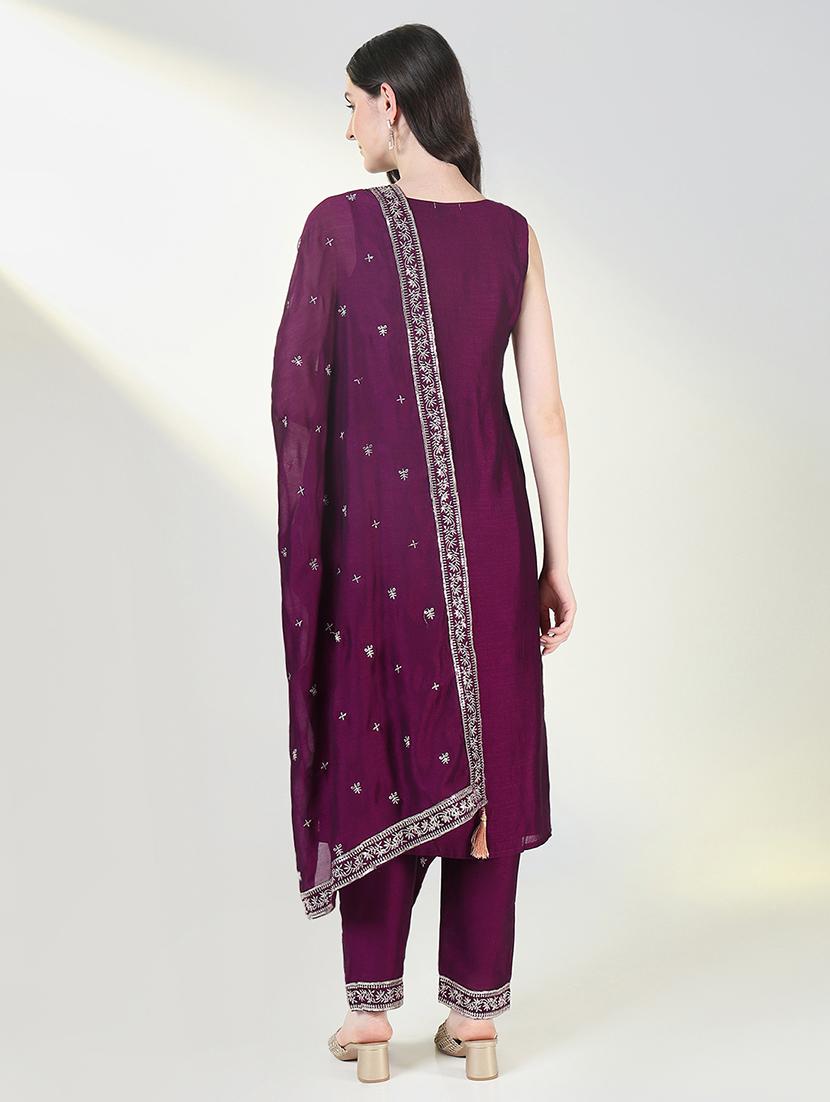 women purple sleeveless kurta pant with dupatta set - 21697089 - Standard Image - 4
