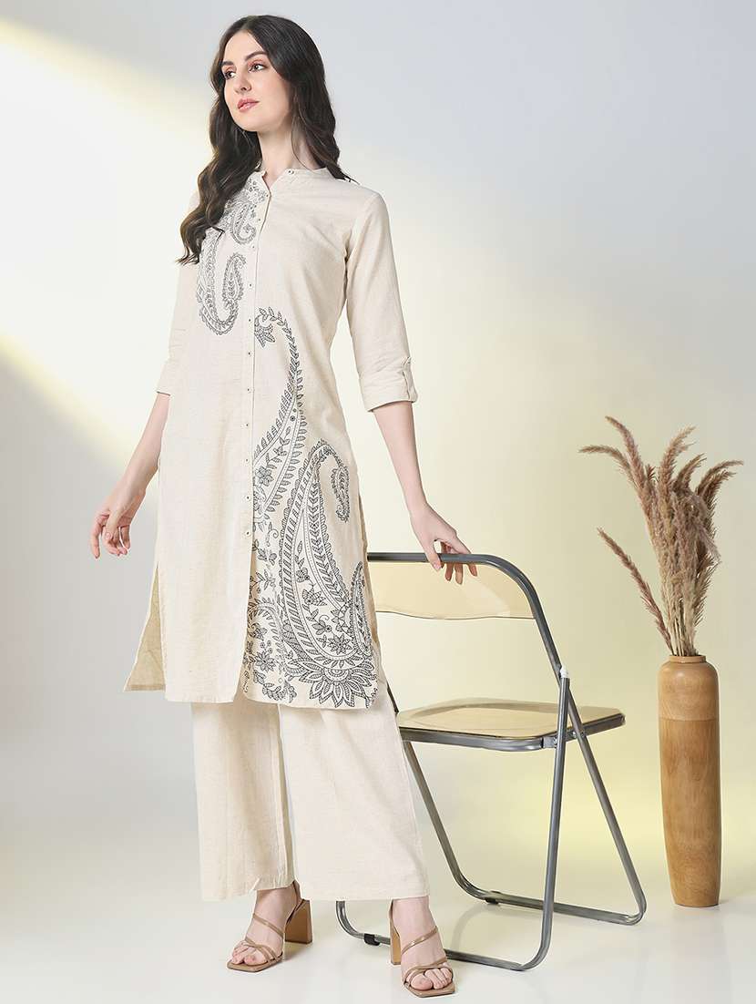 women off white roll up sleeve kurta palazzo set - 21697091 -  Standard Image - 1