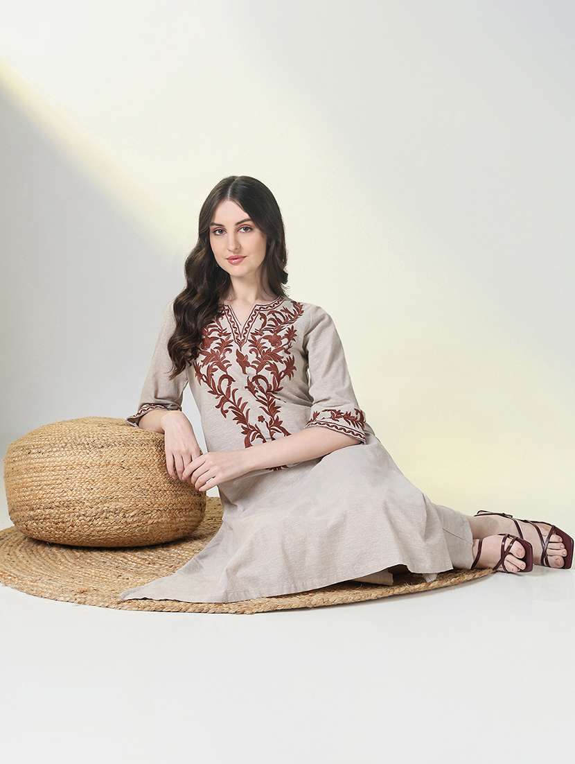 women embroidered three quarter sleeve kurta pant set - 21697092 -  Standard Image - 1