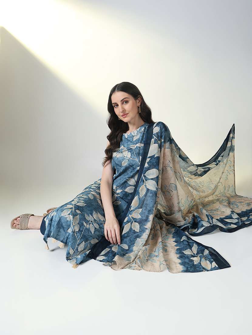 women blue printed sleeveless kurta pant with dupatta set - 21697093 -  Standard Image - 1