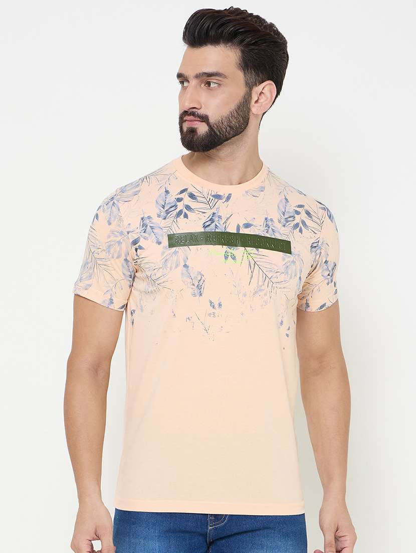 peach cotton blend front print tshirt