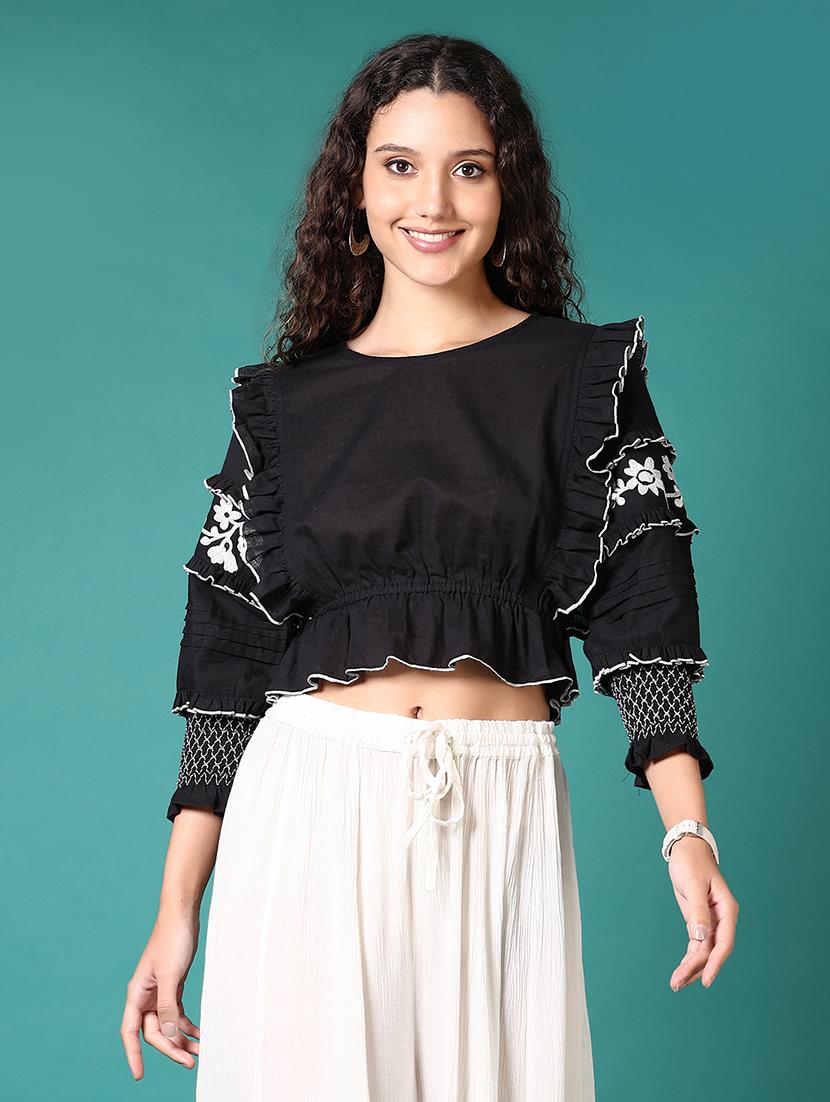 women black solid long sleeve crop top - 21697610 - Zoom Image - 0