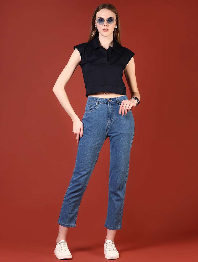 women black solid collared crop top - 21697622 -  Standard Image - 4