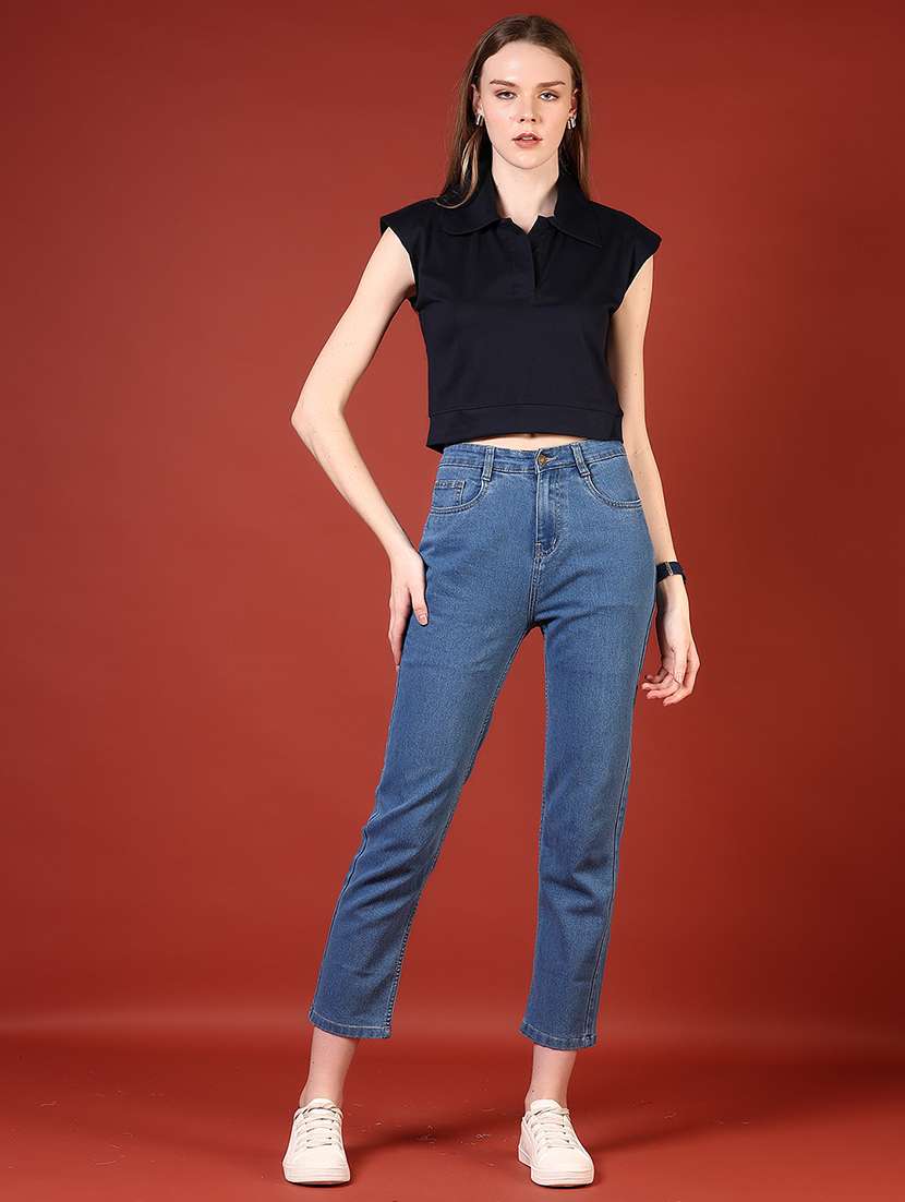 women black solid collared crop top - 21697622 -  Standard Image - 6